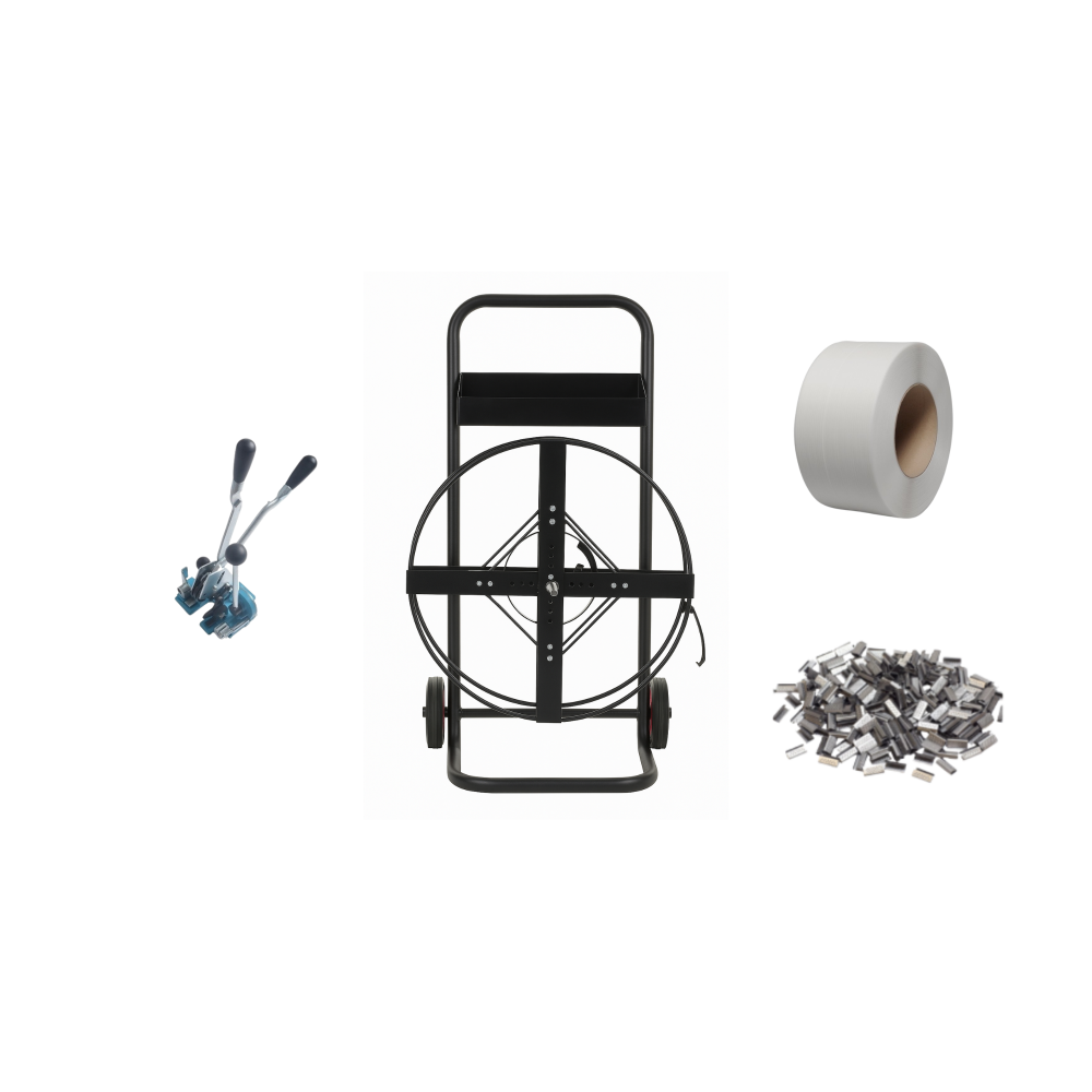 Set: strapping tape + dispenser trolley + tool + metal buckles