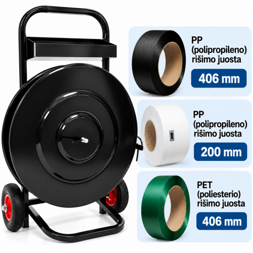Universal PP and PET strapping dispenser trolley